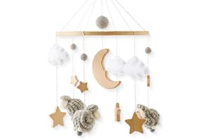 PROMISE BABE Promesa Babe móvil de madera oveja bebé campanas de viento bolas de fieltro madera estrella luna bebé niño niña móvil cambiador madera ganchillo fieltro nubes móvil cama colgante oveja cama campana