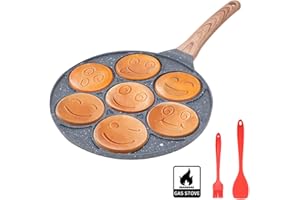 Bobikuke Smiley Face Pancake Pan, Pancake Frying Pan Non Stick, 7 Holes Mini Pancake Maker for Kids, Crepe Pan 26cm - Black