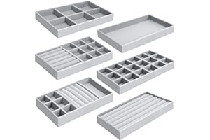 6 Pcs Plateaux Rangement Bijoux, Rangement Bijoux Tiroir Peut Stocker/Afficher des Bijoux, Organisateur Bijoux Tiroir a 6 Tailles Différentes, Plateau Bijoux Velour pour Bague/Collier/Bracelet (Gris)