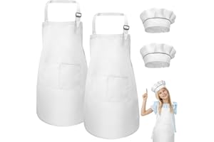 TANGHSE Kids Apron and Chef Hat Set - 2 Adjustable White Aprons with 2 Pockets and 2 Hats, Boys Girls Chef Outfit for Cooking Crafting Painting Baking (4-12year)