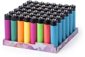 PUBLICLICK Lote Mecheros Encendedores de Colores (Pack 48) Encendedor a Gas Recargable de Mecanismo con Piedra, Surtido Colores. con regulador de Llama y protección Infantil. (Encendedor Redondo Zir)