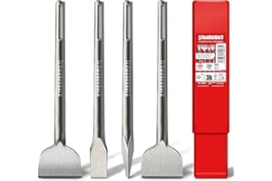 SCHWABENBACH® Jeu de Burins SDS MAX 4 Pièces 280 mm – 2 Burins Plats 25 mm & 50 mm + Burin Pointe 25 mm + Burin Pour Carrelage SDS MAX 50 mm (Incurvé) – EXTRÊMEMENT ROBUSTE – (Pas SDS PLUS)