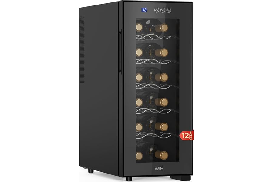 WIE Wine Cellar, 12 Bottles, Thermoelectric Cooling, Wine Cellar with LED Touch Screen, Mirror Glass Door, 5 Adjustable Shelves, LED Light, 26 dB Low Noise Level, 33L