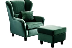 lifestyle4living | Moderner Ohrensessel mit Hocker in smaragdgrünem Samt | Wellenunterfederung, Echtholzfüße & Zierkissen inklusive | gemütlicher Designer Sessel im zeitlosen Landhaus-Stil