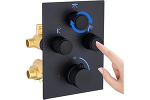 GETSHOWERSET Thermostatic Concealed Shower Mixer Valve - 3 Way Brass Diverter with Push Button, Adjustable Flow & Temperature, 3 Outlets Can Simultaneous Operation (Matte Black)