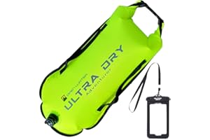 ULTRA DRY ADVENTURER Swim Buoy Tow Floats for Open Water Swimming Highly Visible Swim Float Dry Bag with Adjustable Waist Belt, Carry Strap, Waterproof Phone case Included with Tow Float for Triathlons 28l Green