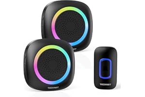 TECKNET Timbre Inalambrico Exterior, RGB Timbre Inalámbrico Exterior Impermeable IP66 con 2 Receptores, 400M Alcance, 5 Niveles de Volumen y 60 Melodías, Doorbell al Estilo de la Batería, Portátil