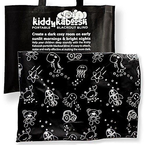 New! Portable Blackout Blind by Kiddy Kaboosh, Cute Children's Design, Removable Black Curtain for Kid's Bedrooms, Baby's Nursery at Home & Travel with Bag, Temporary Fix with Suckers, Easy to Resize to Fit Window, Perfect Present