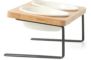 FUKUMARU Raised Cat Bowls, Small Dog 15° Tilted Elevated Food Feeding Dishes, Solid Bamboo Water Stand Feeder Set for Cats and Puppy