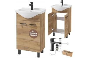 .Deftrans DomoDomo Badrumsskåp med Handfat 85 x 50 x 41 cm - Fristående Badrumsskåp och Ek Underskåp 50 cm - Elegant Set med Mattsvart Kran - Klick-Klack-Propp - Vattenlås