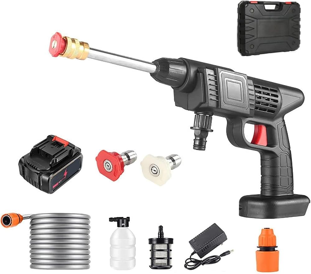 150WATT 48V Akülü Şarjlı Yüksek Basınçlı Oto Araba Bahçe Yıkama,Temizleme Su Tabancası 5MT Hortumlu Köpüklü Aparatlı 1200 RPM Filtreli Çantalı Oto Yıkama