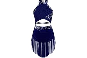 dPois Enfant Fille Robe Patinage Artistique Fille Strass Justaucorps Robe Danse Classique Sans Manches Lyrique Tenue 5-16 Ans