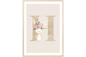 MeinBaby123® Buchstaben Poster DIN A4 Kinderzimmer Mädchen und Junge | Babyzimmer Deko | Bilder Kinderzimmer | Geschenkideen zur Geburt | Geburtsposter | Anfangsbuchstabe Poster H (Hase - H)