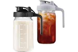 Hniuyun Lot de 2 pichets à lait hermétiques en verre à large ouverture avec couvercle à bec verseur pour lait maternel, thé glacé, café froid, jus (noir et gris)