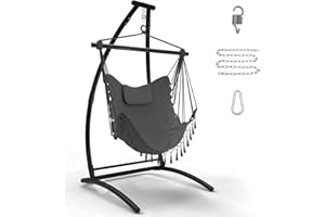 GT GETCO TECH C Type Hängesessel mit Gestell, Schwarz Hängemattengestell und Grau Hängeschaukel, Stoffschaukel mit Bequemen Kissen, Hängesessel Outdoor, Hängemattenständer für Balkon, Terrasse, hält bis zu 150kg