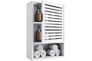 HITNET Mueble de Pared de Baño con Puerta, Bambú Almacenamiento de Cocina Que Ahorra Espacio Orgainzer sobre el Inodoro, Armario Colgante de 60 cm de Altura, Estante Ajustable, Blanco