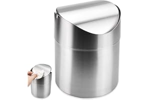 FEADBYT Tischmülleimer mit Deckel, Mini Edelstahl Tischabfalleimer, Papierkorb Desktop, 1,2L Schwingdeckeleimer Kosmetikeimer, Tischmülleimer für Zuhause Büro Waschtisch (Silber)