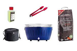 LotusGrill Juego de iniciación XL 1x parrilla XL 1 x carbón vegetal de 1 kg 1x pasta combustible de 200 ml 1x pinzas para salchichas 1x bolsa de transporte XL La barbacoa de carbón sin humo (azul)