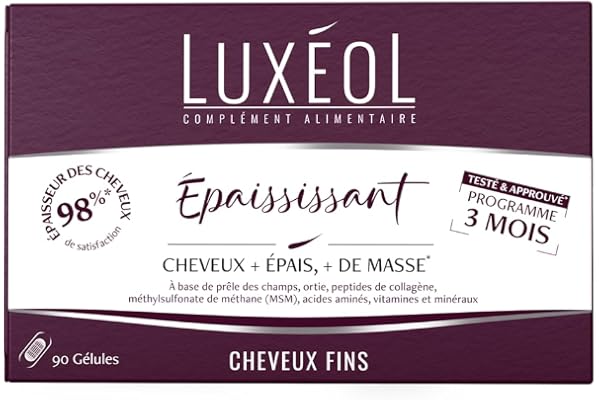 LUXEOL - Complément Alimentaire Epaississant - Cheveux + Epais* - À Base de plantes, peptides de collagène, MSM, acides aminés, Vitamines & Minéraux - Fabriqué en France - 90 gélules (= 90 jours)