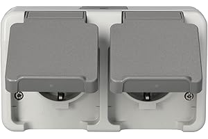 Schneider Electric Merten Schuko-Steckdose mit Klappdeckel, 2-fach, Aufputz, waagerecht angeordnet, IP44, Aquastar, lichtgrau, Artikelnummer MEG2321-8029