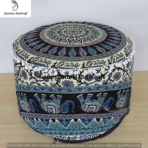 Indian Mandala Hippie Elephant Bohemian Tapestry Pouf Ottoman Handmade Pouf Cover, Floor Cotton Cushion Cover Decorative Round Foot Stool Seating Pouf Home Decor Chair Cover Bohemian Decor(Cover Only)