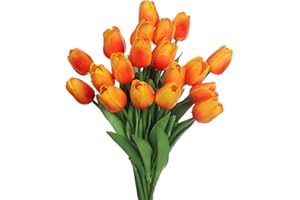 huaao 24pcs Flores Tulipanes Artificiales de látex, Plantas Artificiales Falsos Tacto Realista decoración para hogar, casa, Oficina, Sala, Banquete Boda Nupcial, Fiestas, arreglos Florales (Naranja)