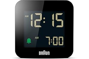 Braun Digital Travel Alarm Clock with Snooze, Compact Size, Negative LCD Display, Quick Set, Crescendo Beep Alarm in Black, model BC08B (2Pack)