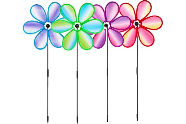 Outdoors Wind Spinners, Set of 4 Colorful Petal Shaped Yard Pinwheels, 11x27.6 Inches Weather Resistant Design, Bird Scaring Outdoor Decorations for Patio, Lawn, and Terrace