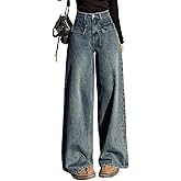 Aahwan Women's Flared Fit High Rise Solid Wide-Leg with Flap Detailing Korean Jeans