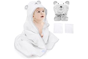 KISDREAM Kapuzenhandtuch Baby, Baby Handtuch Set Babyhandtuch mit Kapuze & 2 Waschlappen 100% BioBambusfaser Kinder Badetuch, Weich und Dick, Saugfähig, Süße Bärenstickerei, Bademantel für Baby 90 x 90