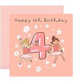4th Birthday Card For Girls - Pink Crown Ballerina Greeting Card With Stickers