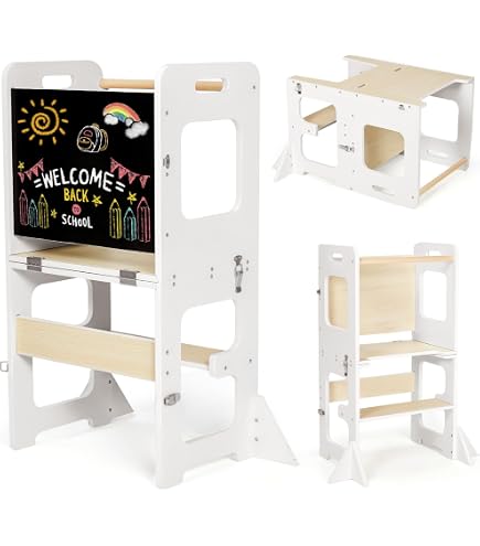 Tour D'Observation Montessori DREAMADE - Réglable 1-7 Ans - 3 En 1 : Marchepied + Tableau Noir/Blanc - Bois Solide 70 Kg Max
