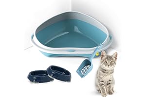 CAT CENTRE Large Corner Cat Litter Tray Bundle With Blue Smarty Bowls 0.2L and Scoop - Cat Hygiene Toilet, High Rim