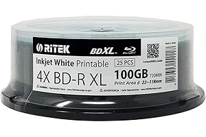 Ritek BD-R XL BDXL BDXL 100 GB Archivqualität, dreilagig, 4 x weiße Inkjet-Hub, bedruckbar, blanko, beschreibbare Discs in Spindel, 25 Stück