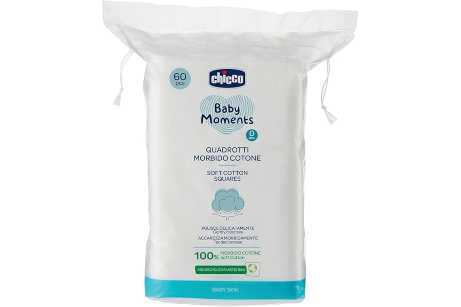 Chicco Baby Moments Squares Soft Cotton, Gently Cleans and Soft Caresses, Baby Skin, White, 60 Pieces, 0+ Months