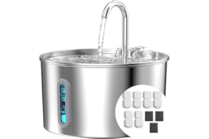 KOOGMOON Fontana per gatti: 2,2 l per gatto SUS 304 in acciaio inox – Fontana per gatti + 6 filtri + 3 sponges – Fontana ad acqua ultra quiet per cani – Senza sputter dispenser di acqua gatti – Compatta