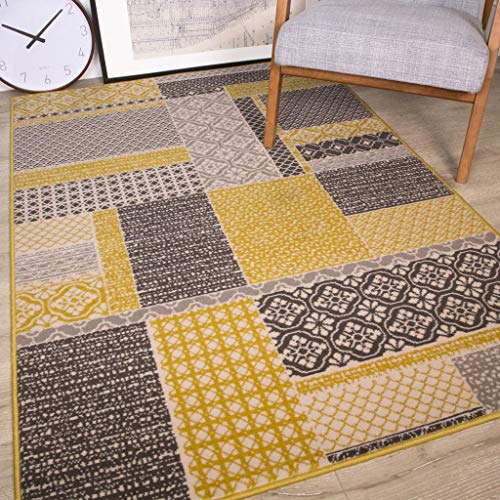 The Rug House Milan Color Ocre Amarillo Mostaza Gris Beige en Cuadros de Patchwork Tradicional Alfombra de salón 160cm x 230cm