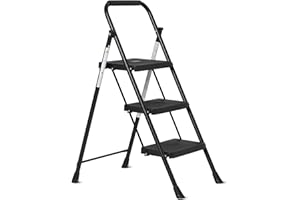 Amazon Basics Escabeau Pliant 3 Marches, Structure en Acier avec Pieds Antidérapants, Capacité de Charge Maximale 150kg, Hauteur 100,8 cm (Ouvert), Noir