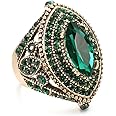 CKHAO Women Ring - 32mm Big Size Antique Gold Plated Turkish Style Green Gemstone Vintage Girls Ring Women Jewelry 0769GREEN