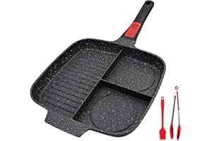 Bobikuke Bistecchiera Antiaderente con Manico Rimovibile, Padella Grill Quadrata 3 Sezioni, Alluminio, Induzione Compatibile 28 x 24 cm - Nero