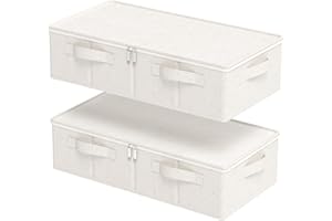 ENUMAIL Underbed Storage Box Container, Foldable Under Bed Bins, Wardrobe Organisers with Lid for Organizing Clothes, Sheets, Blankets, Comforter, 60x30x15cm, Beige, 2 Pack