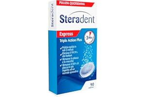 90 Compresse Steradent Express Effervescenti Triple Action Plus per la Pulizia della Protesi Dentaria Sensazione di Freschezza - 1 Confezione