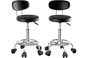RCYNVIEW 2X Taburete Giratorio con Ruedas, Silla Escritorio Altura Ajustable, Taburetes Altos de Cocina con Respaldo y Reposapiés, Acero Cromado, Sillas Bar, Silla Tocador Maquillaje, Silla Alta Negro