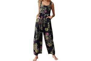 YILEEGOO Cotton Linen Dungarees for Women, Ladies Casual Overalls Baggy Wide Leg Pants Jumpsuit Playsuit