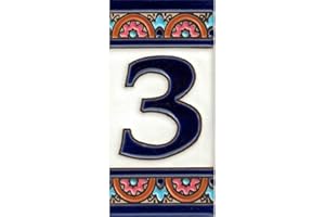 TORO DEL ORO Números casa. Numeros y Letras en azulejo. Ceramica esmaltada, Pintados a Mano técnica Cuerda Seca. Nombres y direcciones. Diseño Arco Azul 5,5x10,5 cms (Número tres "3")
