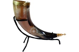 THE ANTIQUE HOUSE Gobelet viking médiéval en corne de bœuf - Tasse à bière - Avec table de bureau - Support en fer