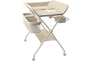 HUOLE Table à Langer avec roulettes, avec Panier de Rangement à Côté Structure en Fer Charge Max 25KG pour Nouveaux-Nés Design Ergonomique, Rangement,pour Nouveau-né,75 * 68 * 83-91cm (A) Blanc crème