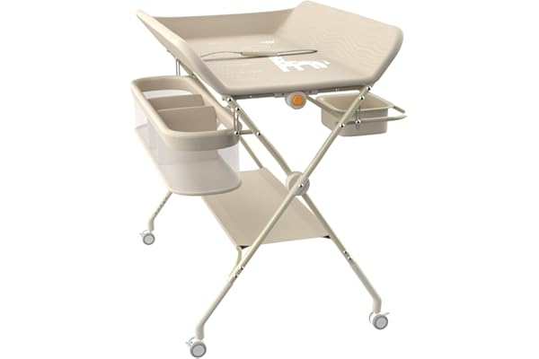 HUOLE Table à Langer Pliable,Ceinture de sécurité et 4 Roues avec Frein, 5 Réglable en Hauteur, Plan à Langer avec Panier Latéral et roulettes et 3 Jouets, pour Chambres d'enfant,75 * 68 * 83-91cm