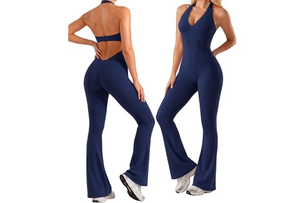 Wagicay Jumpsuit dam yoga med V-ringning i ett stycke bodysuit hög midja | Sport jumpsuit rygglös jumpsuit dam onepiece sexig stretch ärmlös sportset passar träning outfit