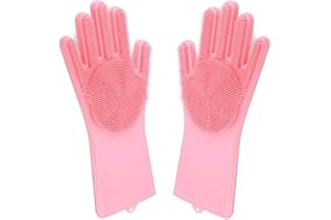 Taylor & Brown Pair of Magic Dishwashing Cleaning Sponge Gloves Reusable Silicone Brush Scrubber Heat Resistant for Kitchen Bathroom Cleaning Pet Hair Care Car Washing (Pink)